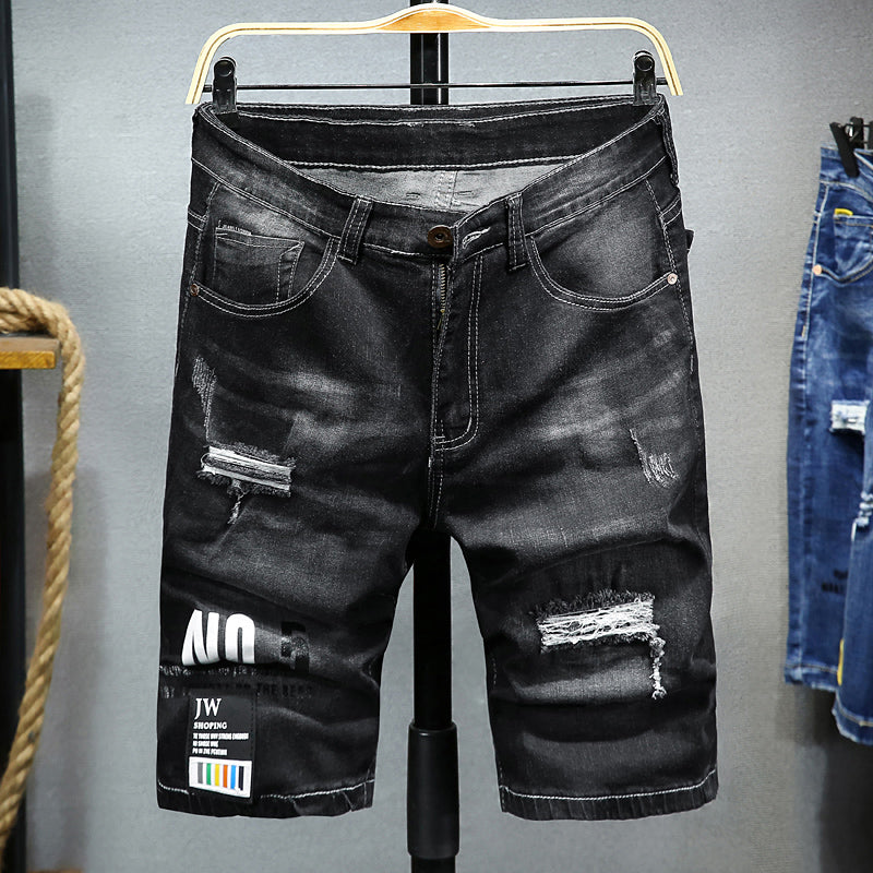 Plus Size Men's Torn Denim Shorts, Casual Summer Knee Jeans