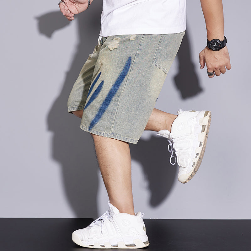 Plus Size Men's Elastic Waist Drawstring Denim Shorts, Unique Clashing Jeans,Torn Jeans