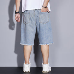 Plus Size Men's Elastic Waist Drawstring Denim Shorts, Torn Jeans,Knee Jeans