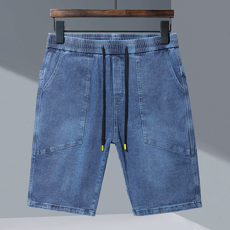 Short en jean à taille élastique et cordon de serrage pour homme, short imprimé, jean au genou, grande taille 