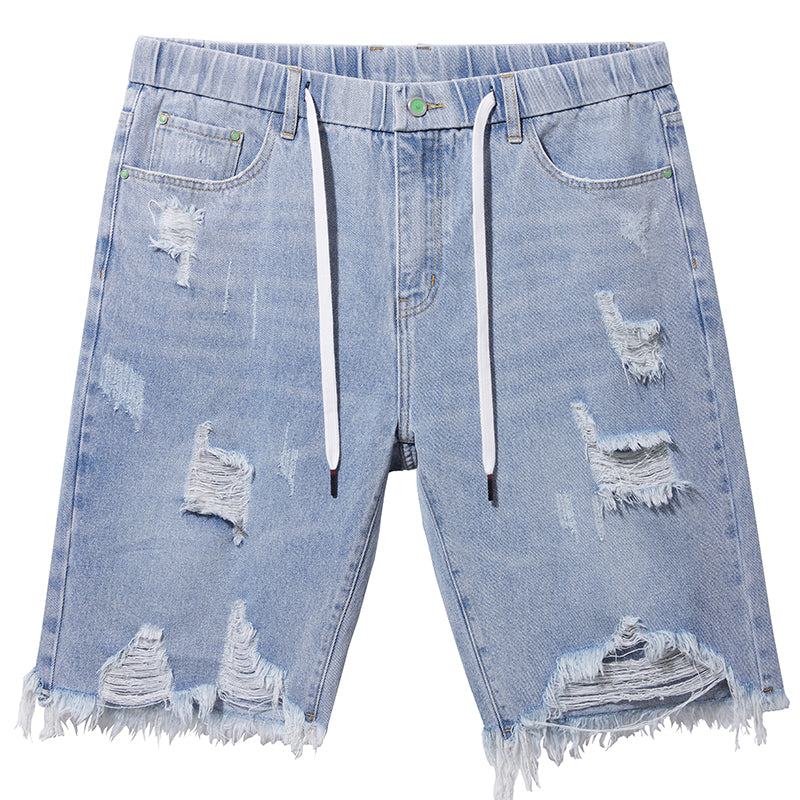 Plus Size Men's Elastic Waist Drawstring Denim Shorts, Torn Jeans,Knee Jeans