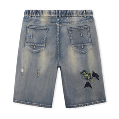 Plus Size Men's Elastic Waist Drawstring Denim Shorts,Trendy Ripped And Embroidered Knee Jeans