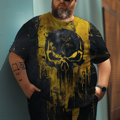 Men's Spray-painted Skull Plus Size T-Shirt Set, Men's Sports Style Suit,Gift For Men