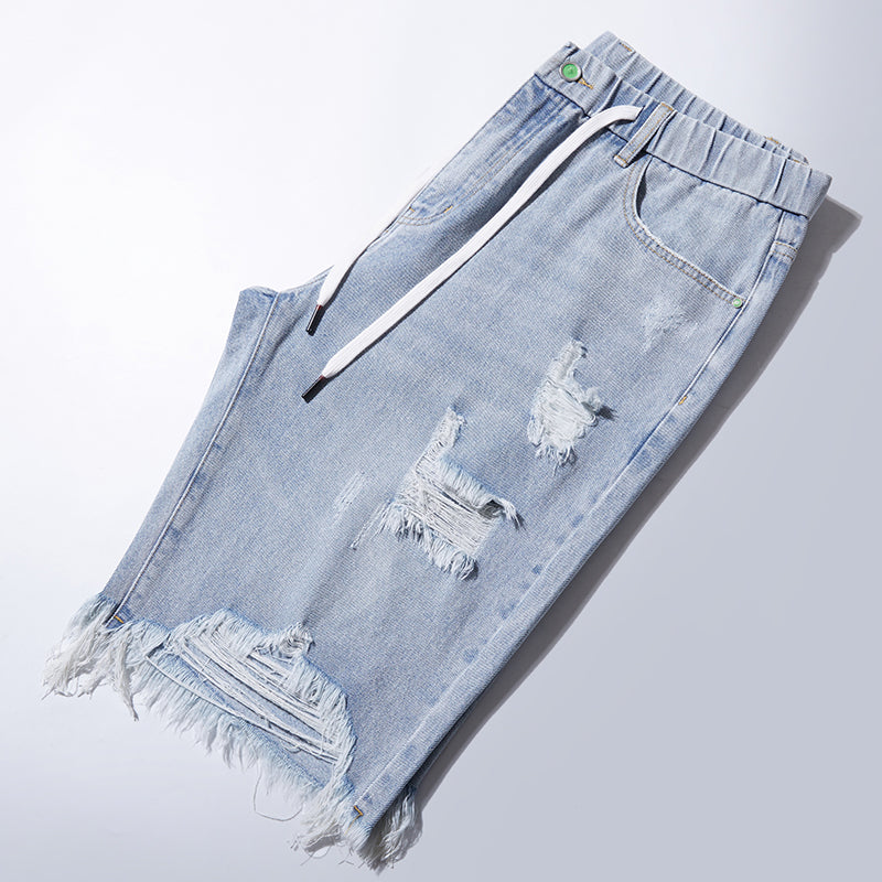 Short en jean à taille élastique et cordon de serrage pour homme, jeans déchirés, jeans au genou, grande taille 