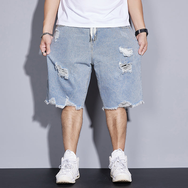 Plus Size Men's Elastic Waist Drawstring Denim Shorts, Torn Jeans,Knee Jeans