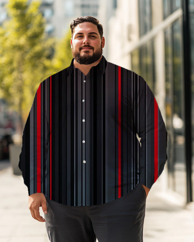 Chemise à manches longues grande taille à rayures verticales pour hommes, chemise boutonnée noire/grise/rouge 