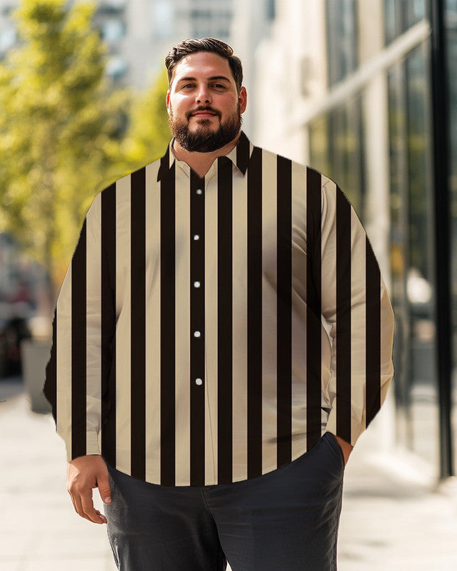 Men's Vertical stripes black/beige Plus Size Long Sleeve Shirt  ,  Button Down Shirt