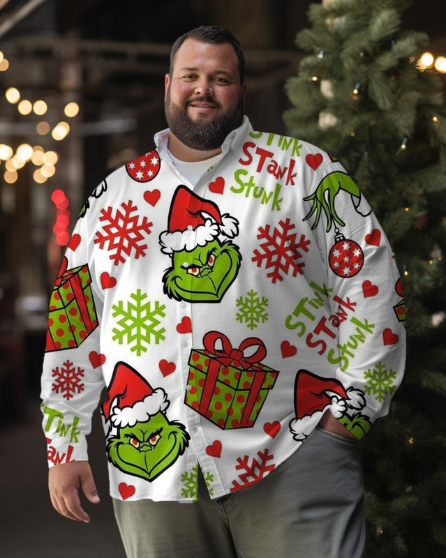 Men's Christmas Grinch Costume Printed Plus Size Long Sleeve Shirt