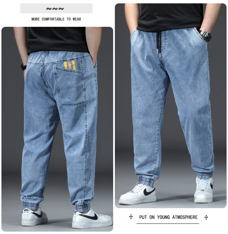 Jeans mit elastischem Bund und Kordelzug in Übergröße für Herren, lockere Jeans, Frühlings-Jeans 