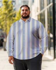 Chemise à manches longues à rayures verticales bleu clair/blanc pour homme, grande taille, chemise boutonnée