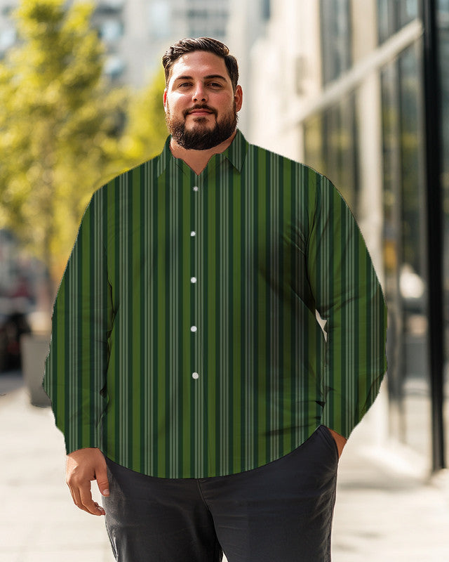 Chemise à manches longues grande taille à rayures verticales vertes pour hommes, chemise boutonnée 