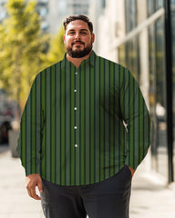 Men's green vertical stripes Plus Size Long Sleeve Shirt  ,  Button Down Shirt