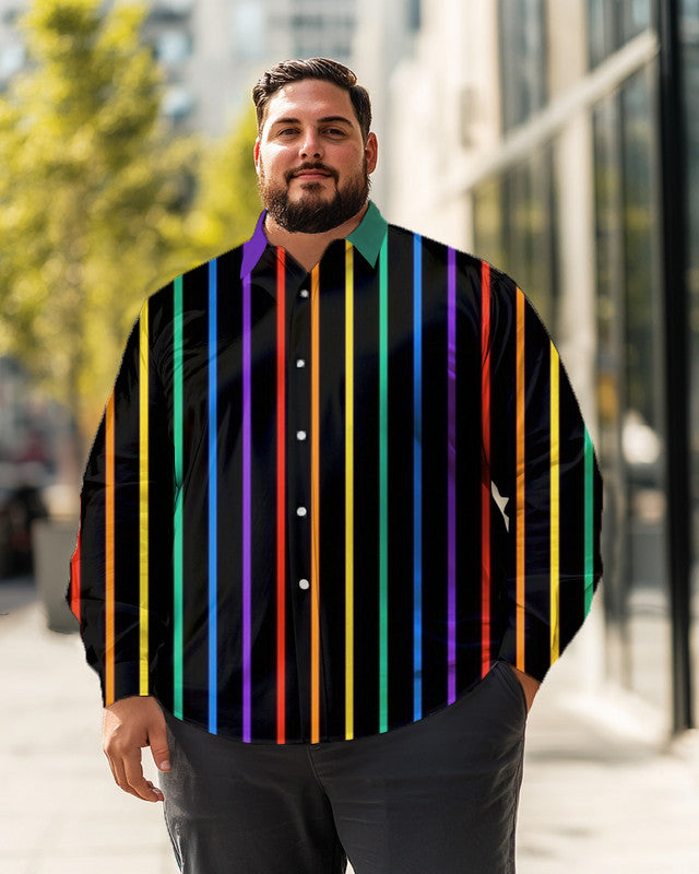 Men's vertical rainbow Plus Size Long Sleeve Shirt  ,  Button Down Shirt