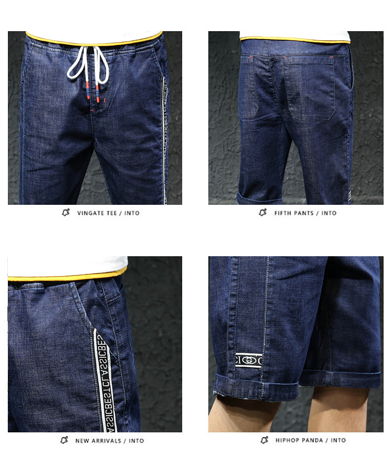 Short en jean à taille élastique et cordon de serrage pour homme, short slim, jean au genou, grande taille 