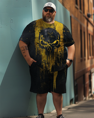 Men's Spray-painted Skull Plus Size T-Shirt Set, Men's Sports Style Suit,Gift For Men