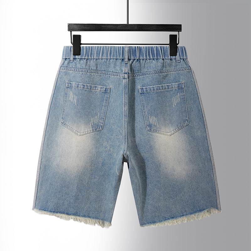 Jeansshorts für Herren mit elastischem Bund und Kordelzug in Übergröße, zerrissene Jeans, knielange Jeans 