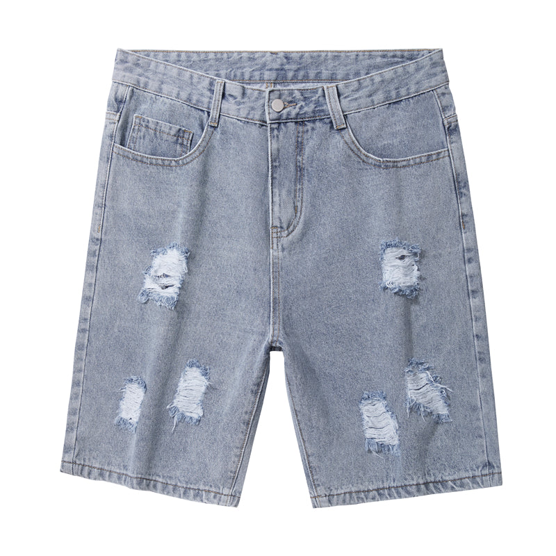 Plus Size Men's Torn Denim Shorts, Casual Summer Knee Jeans