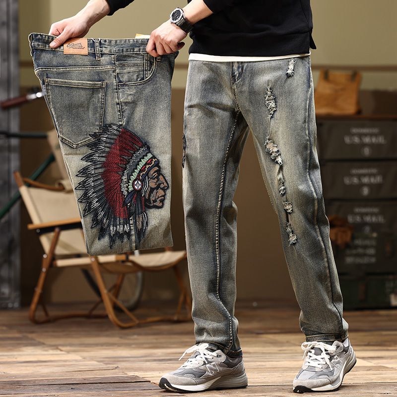 Plus Size Men's Indian Pattern Embroideryed Jeans,Torn Jeans