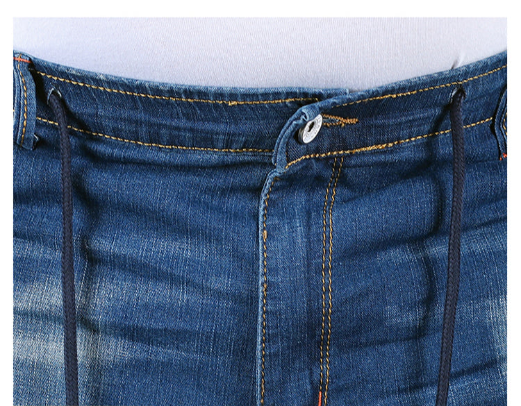 Jeansshorts für Herren in Übergröße mit elastischer Taille und Kordelzug, lässige verwaschene blaue Kniejeans 