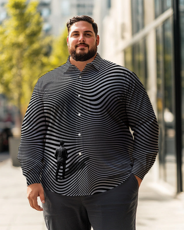 Chemise à manches longues grande taille à rayures ondulées grises/noires pour hommes, chemise boutonnée 