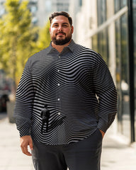 Men's Wavy stripes grey/black Plus Size Long Sleeve Shirt  ,  Button Down Shirt