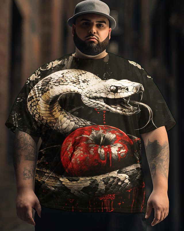 T-shirt à manches courtes pour homme, imprimé serpent féroce et pomme rouge, grande taille