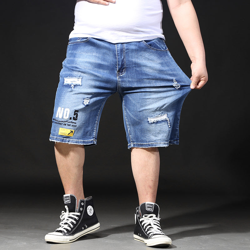 Plus Size Men's Torn Denim Shorts, Casual Summer Knee Jeans