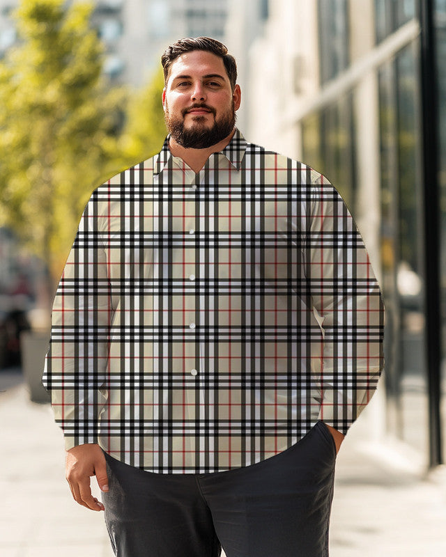 Chemise à manches longues à carreaux beige pour homme, grande taille, chemise boutonnée