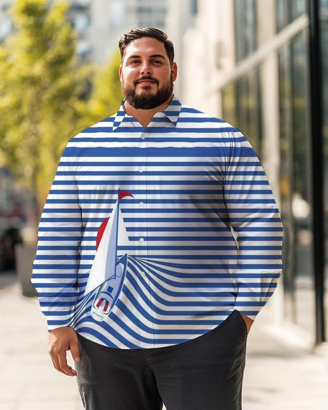 Men's Sailboat Stripes Plus Size Long Sleeve Shirt  ,  Button Down Shirt