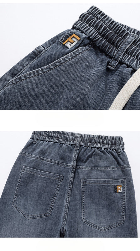 Plus Size Men's Drawstring Closure Waist Harlem Jeans,Spring Denim Pants