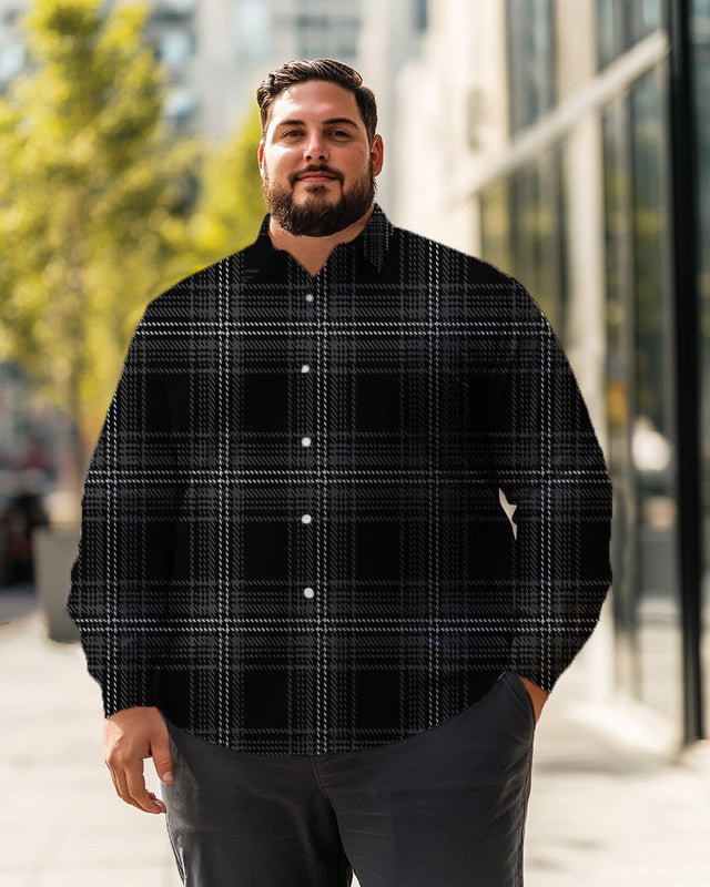 Men's Black Grey Plaid Plus Size Long Sleeve Shirt  ,  Button Down Shirt