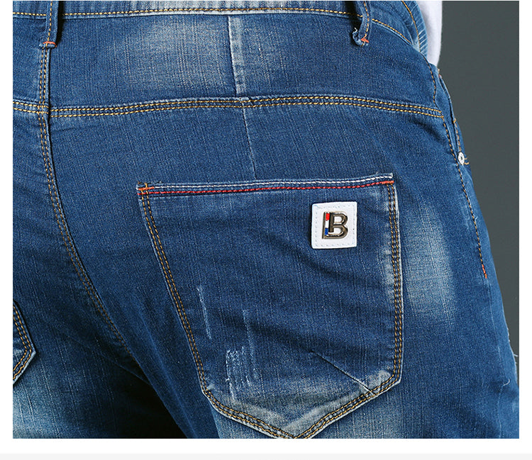 Jeansshorts für Herren in Übergröße mit elastischer Taille und Kordelzug, lässige verwaschene blaue Kniejeans 