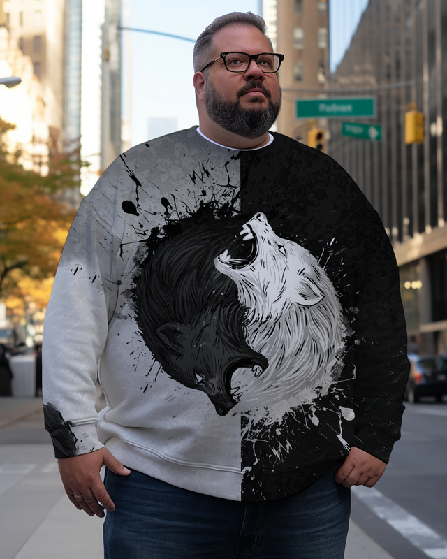 Sweatshirts mit Farbblockdesign und Wolf-Motiv für Herren in Übergröße