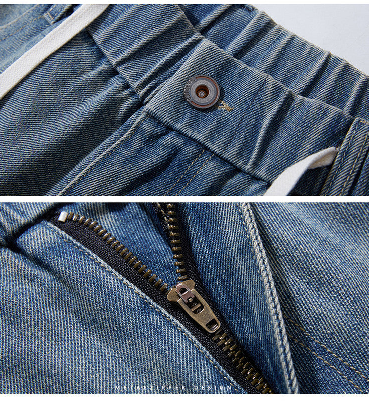 Jeansshorts für Herren mit elastischem Bund und Kordelzug in Übergröße, zerrissene Jeans, knielange Jeans 