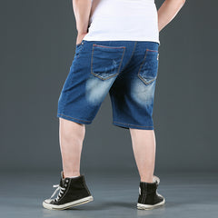 Plus Size Men's Elastic Waist Drawstring Denim Shorts, Casual Washed Blue Knee Jeans