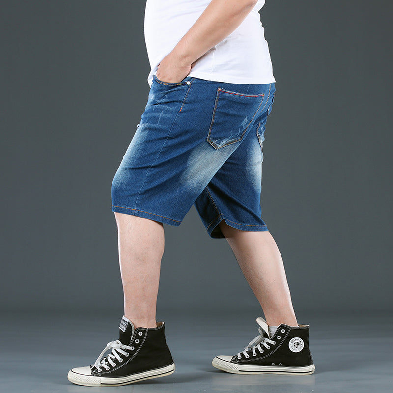 Plus Size Men's Elastic Waist Drawstring Denim Shorts, Casual Washed Blue Knee Jeans