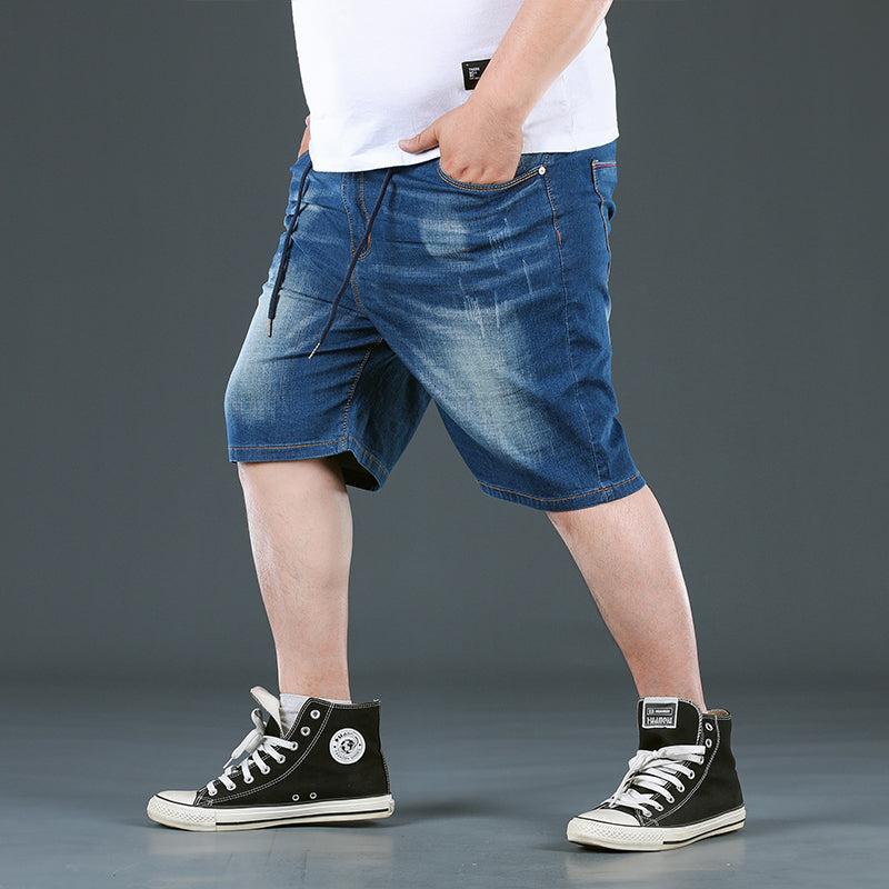 Plus Size Men's Elastic Waist Drawstring Denim Shorts, Casual Washed Blue Knee Jeans