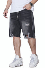 Jeansshorts für Herren mit elastischem Bund und Kordelzug in Übergröße, zerrissene Jeans, knielange Jeans 