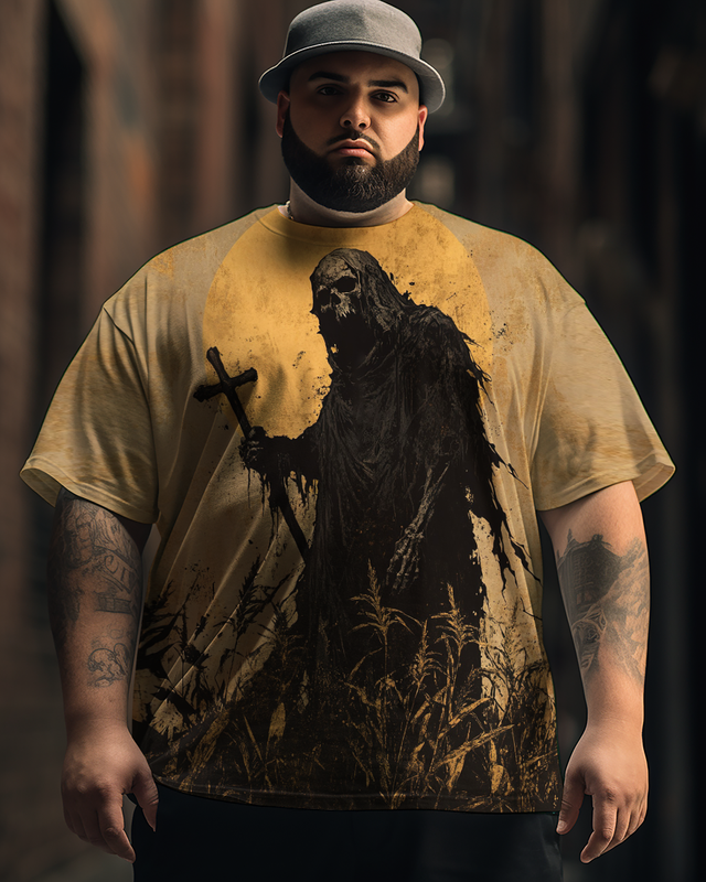 T-shirt à manches courtes pour homme avec tête de mort et motif terreur, grande taille