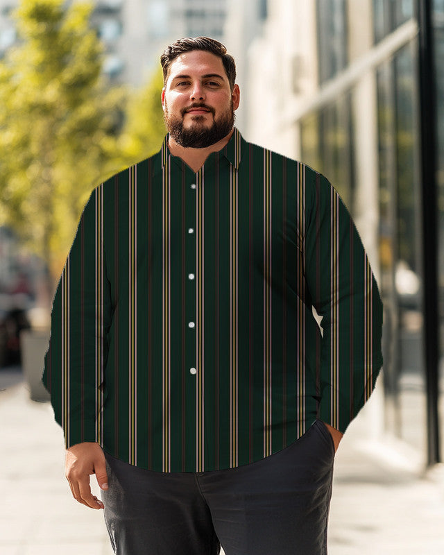 Chemise à manches longues à rayures verticales vertes pour hommes, grande taille, chemise boutonnée 