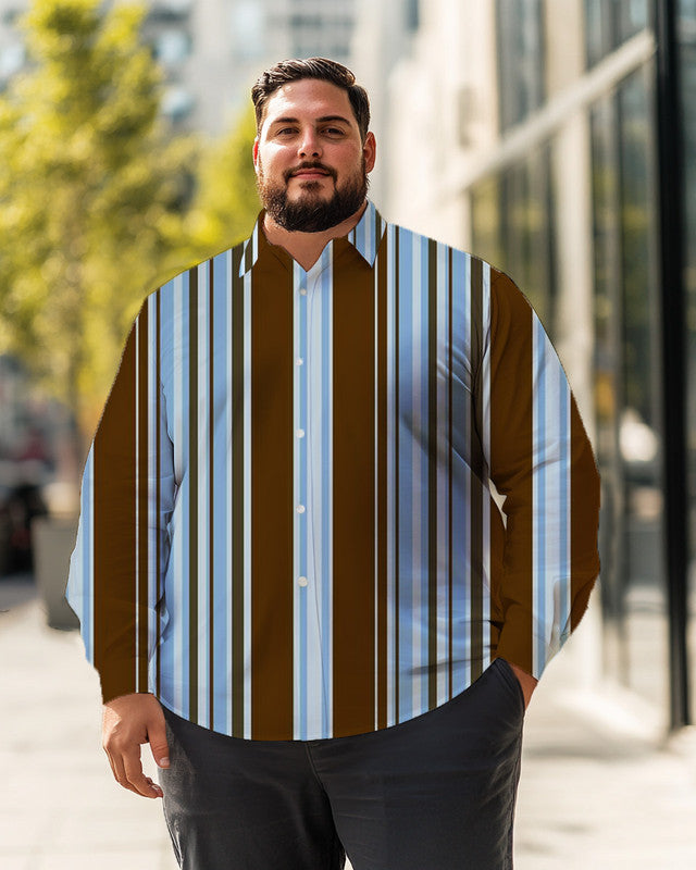 Men's Vertical stripes coffee/blue Plus Size Long Sleeve Shirt  ,  Button Down Shirt