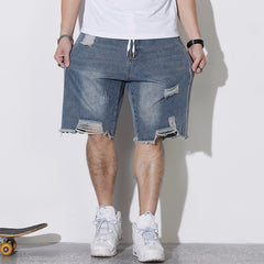 Jeansshorts für Herren mit elastischem Bund und Kordelzug in Übergröße, zerrissene Jeans, knielange Jeans 