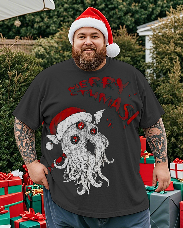 T-shirt à manches courtes pour homme avec motif poulpe de Noël, grande taille