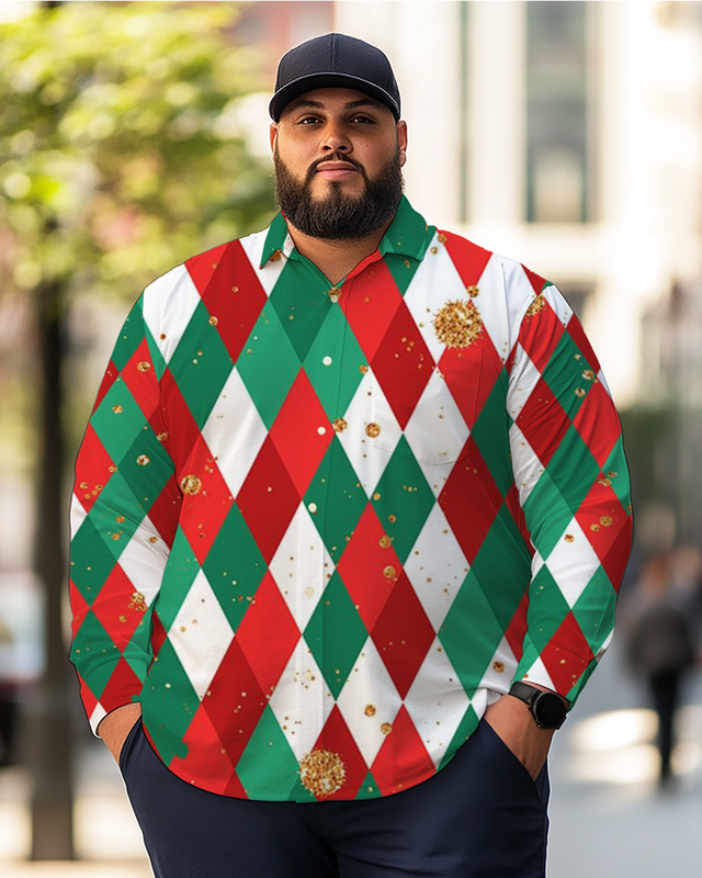 Men's Christmas diamond pattern Plus Size Long Sleeve Shirt