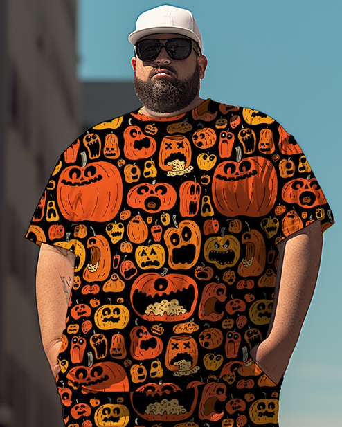 Men's Cute Pumpkin Plus Size T-Shirt Set, Men's Casual  Suit