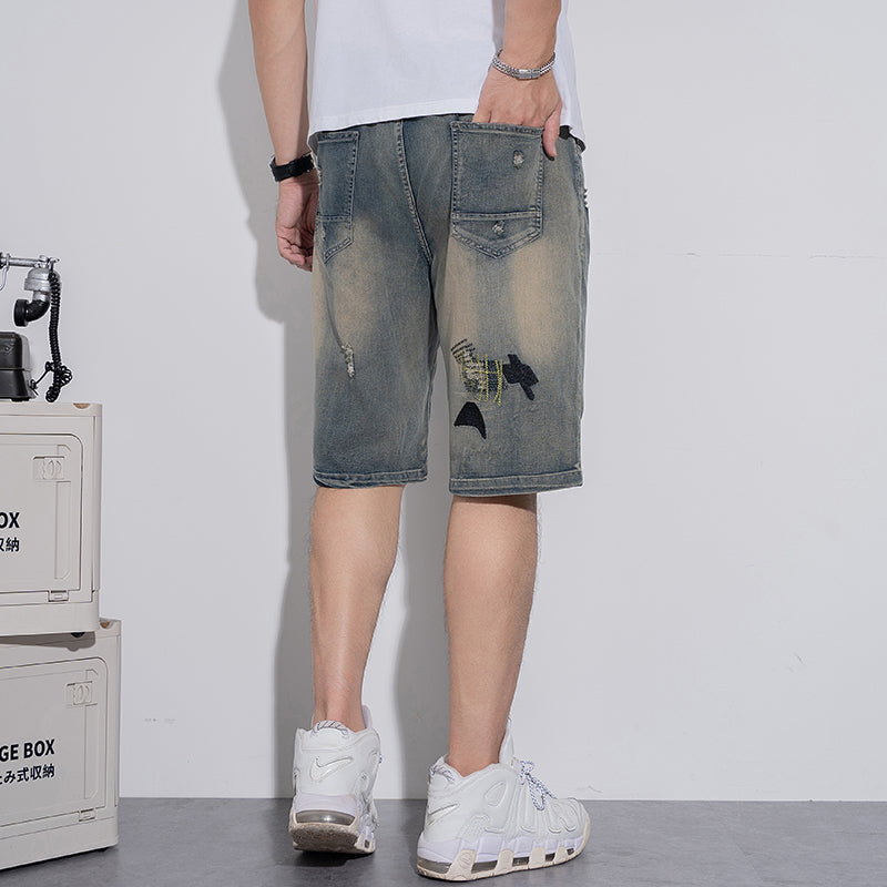 Plus Size Men's Elastic Waist Drawstring Denim Shorts,Trendy Ripped And Embroidered Knee Jeans