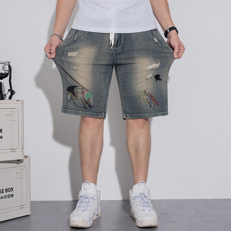 Plus Size Men's Elastic Waist Drawstring Denim Shorts,Trendy Ripped And Embroidered Knee Jeans