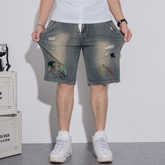 Plus Size Men's Elastic Waist Drawstring Denim Shorts,Trendy Ripped And Embroidered Knee Jeans