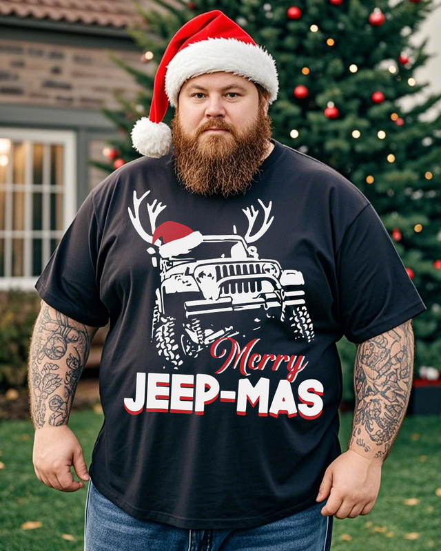 Herren-T-Shirt „Merry Jeep Mas“ in Übergröße, kurzärmelig