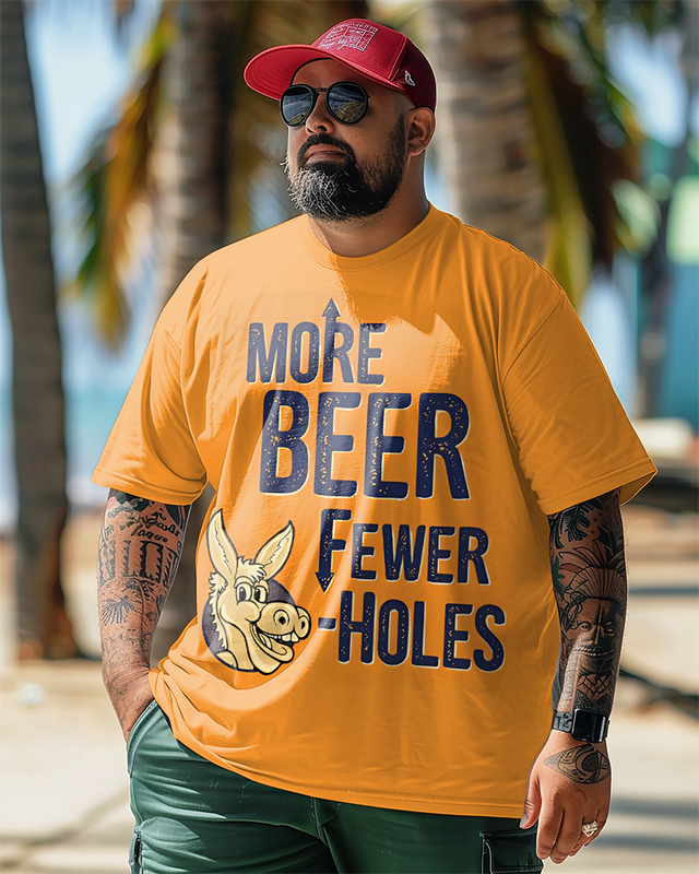 T-shirt à manches courtes imprimé grande taille pour homme avec inscription « More Beer Fewer Assholes »